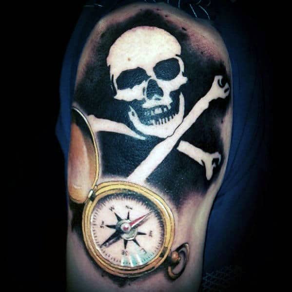 Negative Space Skull And Crossbones Guys Pirate Flag Arm Tattoo