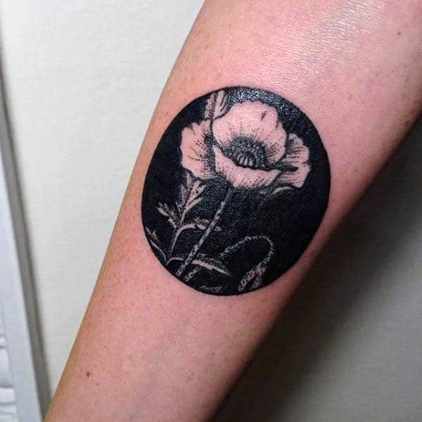 Negative Space Small Black Ink Mens Poppy Tattoo On Forearm