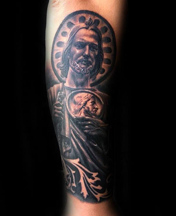 Negative Space St Jude Male Forearm Tattoo Ideas