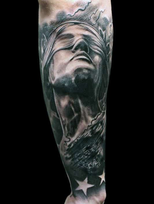 Negative Space Stars Lady Justice Forearm Tattoos For Men
