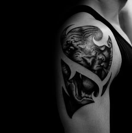 Negative Space Tribal Tiger Arm Tattoos For Guys