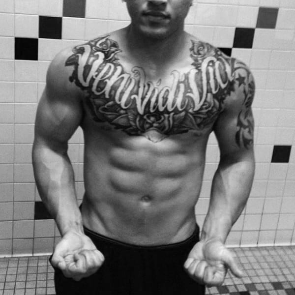 Negative Space Veni Vidi Vici Decorative Mens Upper Chest Tattoo Design Inspiration