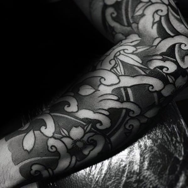 Negative Space Water Waves Japanese Guys Sleeve Tattoo