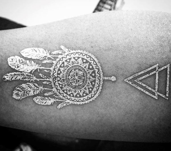 Negative Space White Ink Over Blackwork Dreamcatcher Mens Tattoos