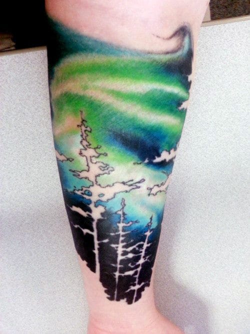 Negative Space White Trees Northern Lights Mens Leg Tattoos