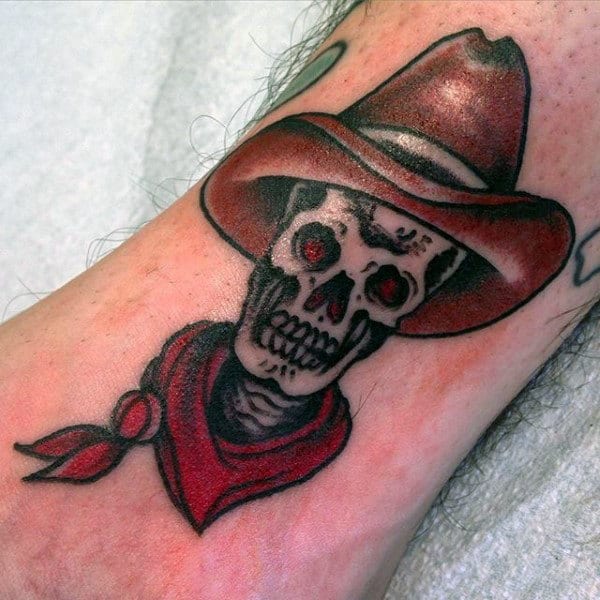 Neo American Skull With Cowboy Hat Tattoo For Guys