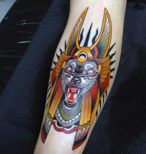 Neo Traditional Anubis Tattoos For Guys On Legs
