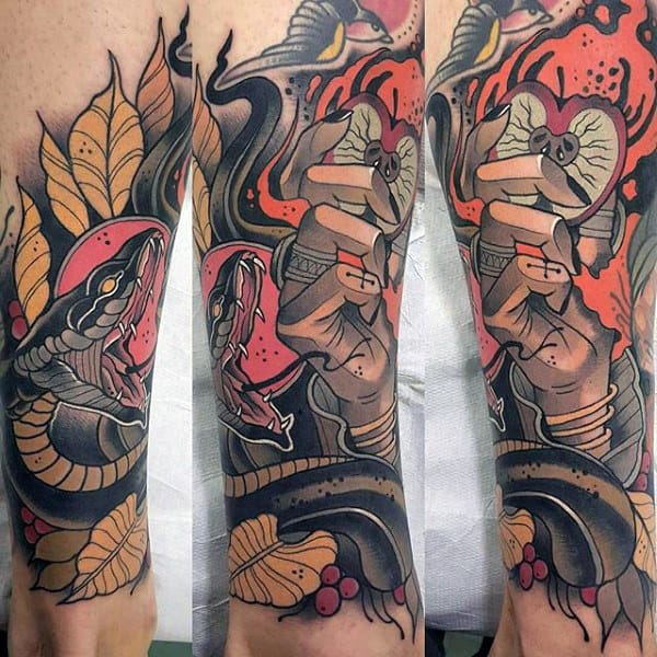 Neo Traditional Apple Snake Mens Lower Leg Sleeve Tattoos