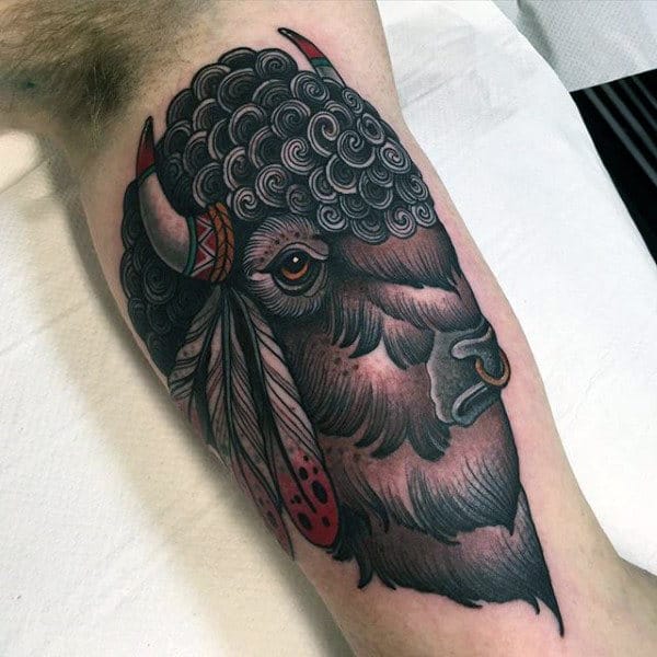 Neo Traditional Bison Arm Male Tattoo Designs