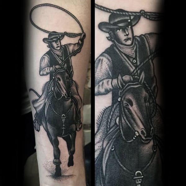 Neo Traditional Black And White Man Riding Horse With Lasso Cowboy Tattoo