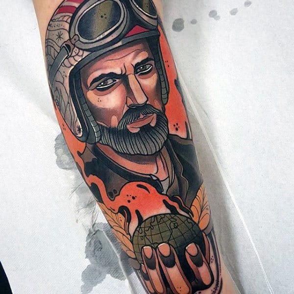 Neo Traditional Colorful Mens Pilot Golding Globe Forearm Tattoo
