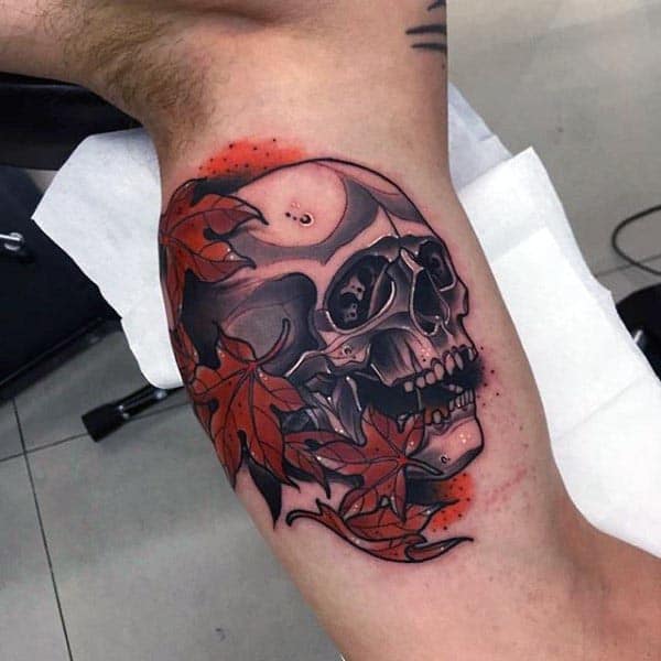 Neo Traditional Cool Guys Arm Tattoo Of Skull With Maple Leaves