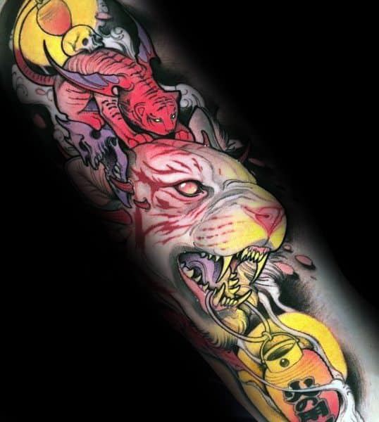 Vibrant Japanese-style tattoo featuring a fierce white tiger, koi fish, and lucky cat, symbolizing power, fortune, and spiritual energy.