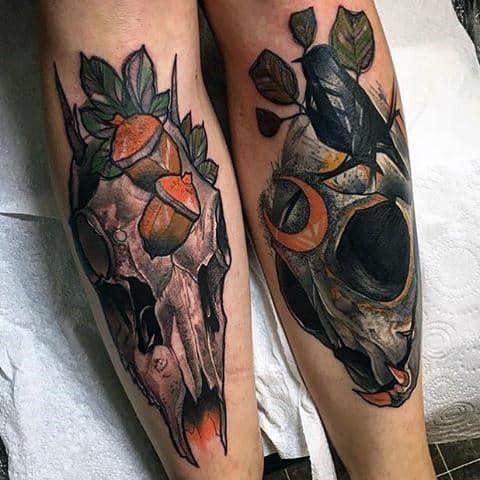 Neo Traditional Deer Skulls Guys Shin Tatoos