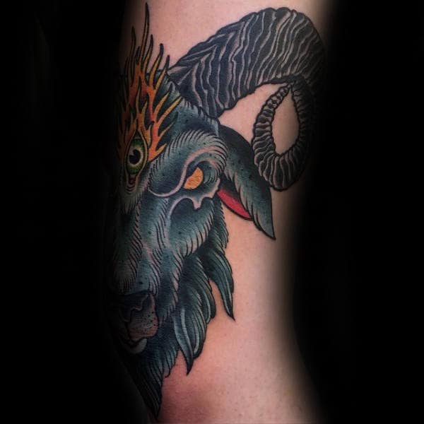 Neo Traditional Flames Ram Male Arm Tattoo