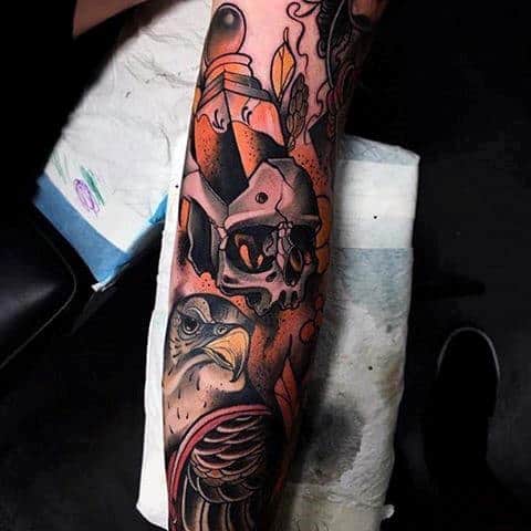 Neo Traditional Full Sleeve Guys Falcon Tattoo Design Ideas