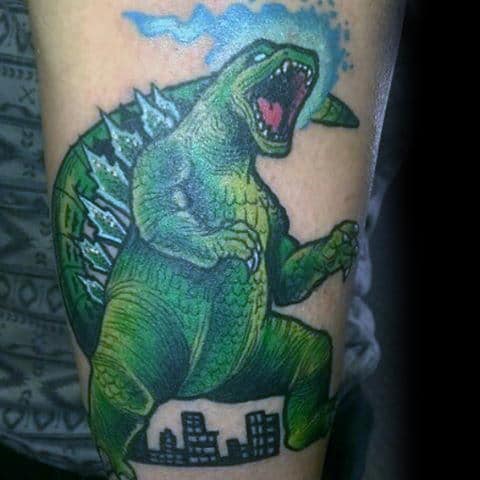 Neo Traditional Godzilla Watercolor Tattoo On Man