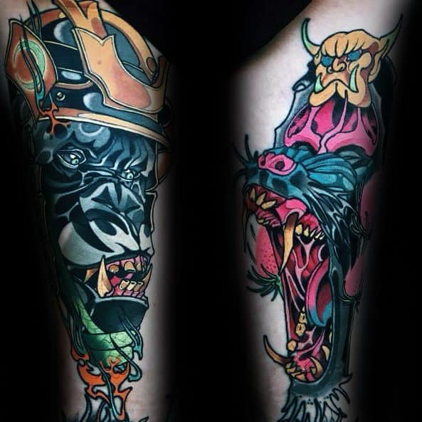 Neo-traditional tattoos of fierce gorillas in samurai armor and demonic masks, featuring vivid colors and dynamic shading.