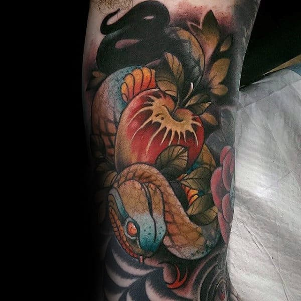 Neo Traditional Guys Apple And Snake Tattoo On Arm
