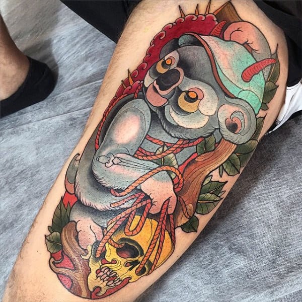 Neo Traditional Guys Koala With Gold Skull Thigh Tattoo Design