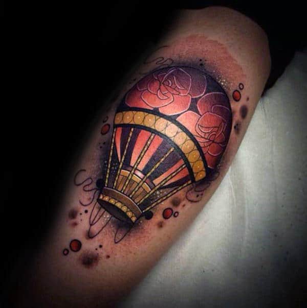 Neo Traditional Guys Leg Calf Hot Air Balloon Tattoos
