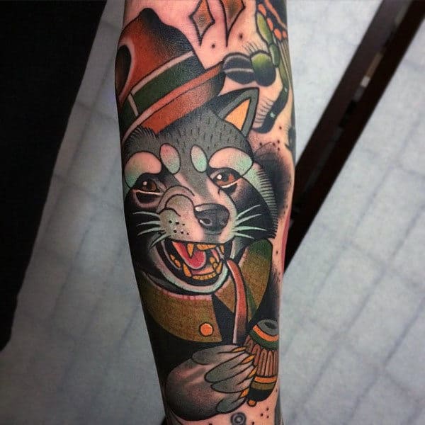 Neo Traditional Guys Raccoon With Pipe Forearm Tattoos