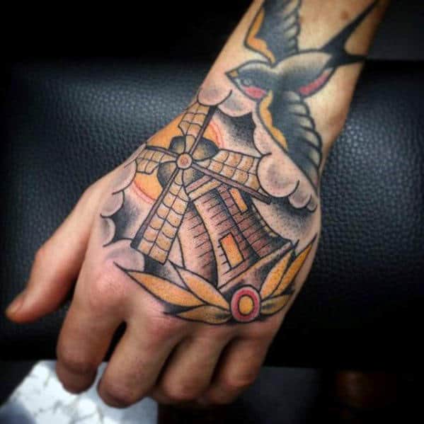Neo Traditional Guys Windmill Hand Tattoo