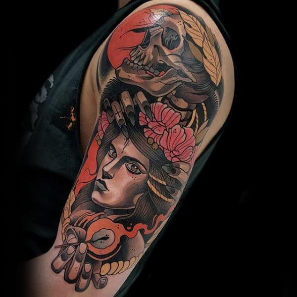Neo Traditional Half Sleeve Skull With Portrait Male Colorful Tattoo Ideas