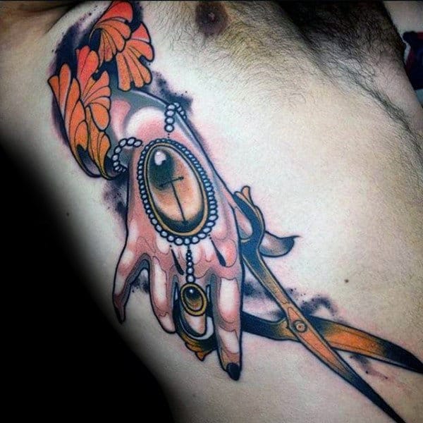 Neo Traditional Hand Holding Scissors Mens Rib Cage Side Tattoos