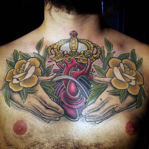 Neo Traditional Hands Clutching Crowned Heart Tattoo Mens Chest
