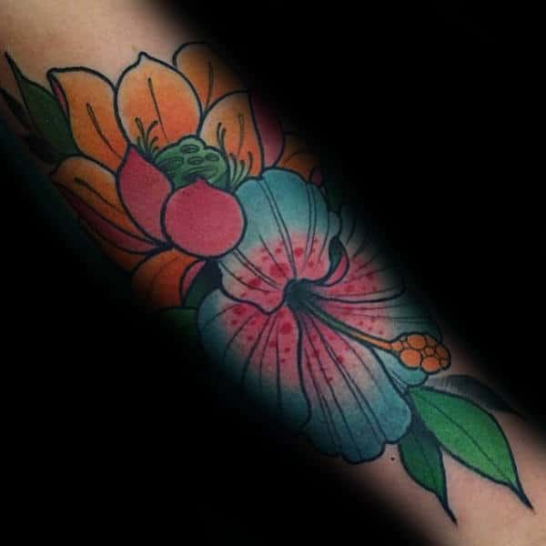 Neo Traditional Hibiscus Tattoo For Guys On Forearm