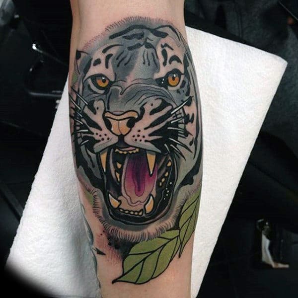 Neo Traditional Jaguar Male Animal Leg Calf Tattoos