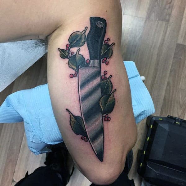 Neo Traditional Male Chef Knife Outer Arm Tattoo