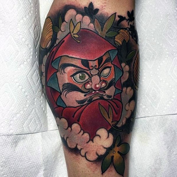 Neo Traditional Male Daruma Doll Leg Tattoo Designs