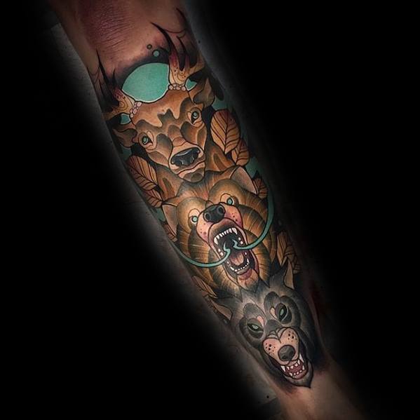 Vibrant neo-traditional tattoo sleeve featuring an elk, bear, and wolf, with bold colors, intricate shading, and a striking composition.