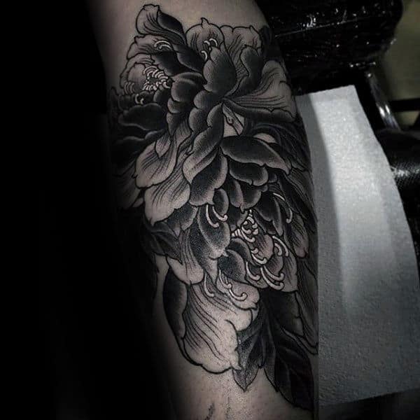 Neo Traditional Male Peony Flower Arm Tattoos