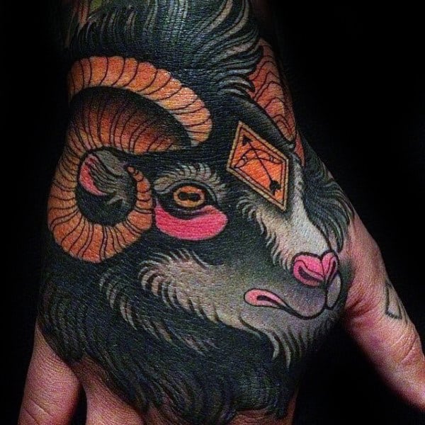 Neo Traditional Male Ram Hand Tattoos