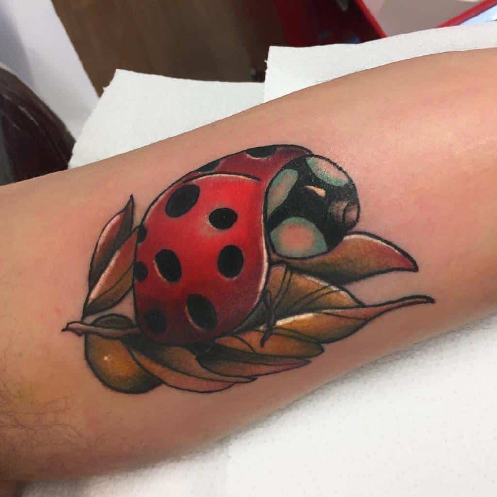 Realistic ladybug tattoo with vibrant red hues and detailed shading, resting on autumn-toned leaves for a bold and dynamic design.