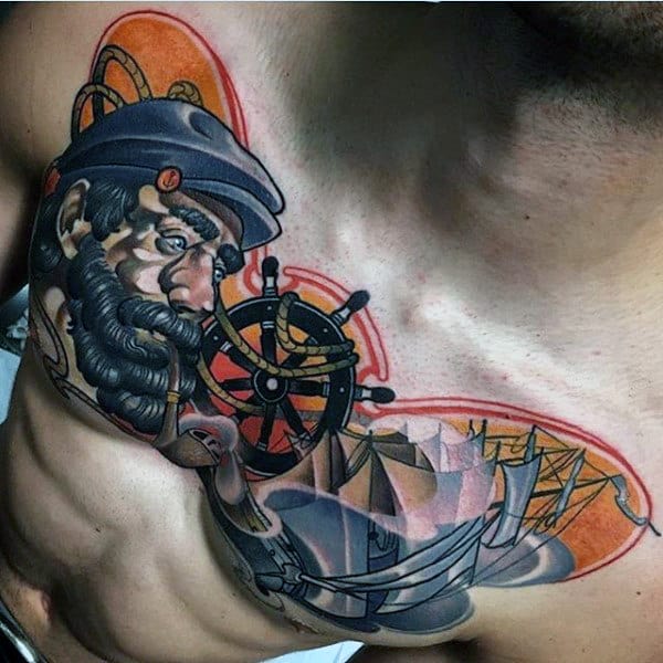 Neo Traditional Mens Sailor Nautical Chest Tattoo Ideas