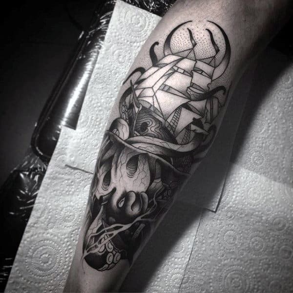 Neo Traditional Nautical Sailing Ship With Octopus Mens Leg Tattoos