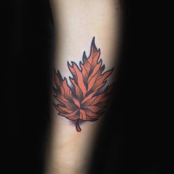 Neo Traditional Orange Maple Leaf Small Guys Tattoos