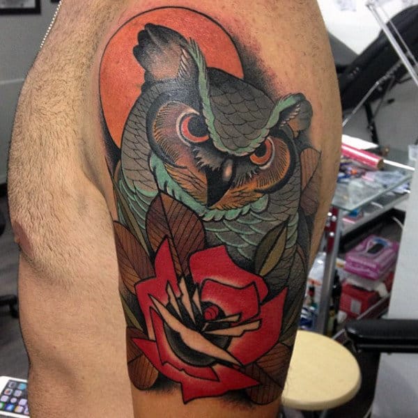 Neo Traditional Owl With Red Rose Flower Artistic Guys Arm Tattoos