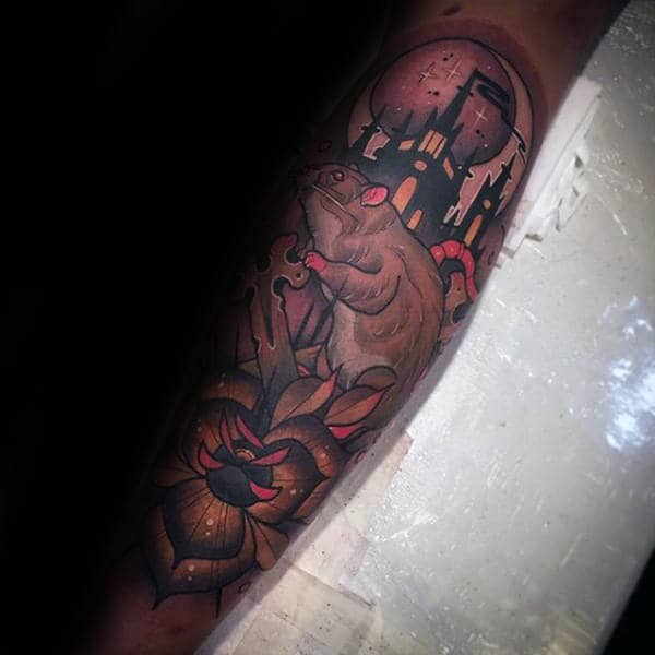 Neo Traditional Rat With Castle Mens Leg Sleeve Tattoo