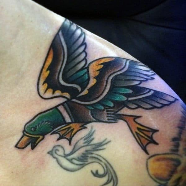 Neo Traditional Sailor Jerry Flying Mallard Tattoo For Men