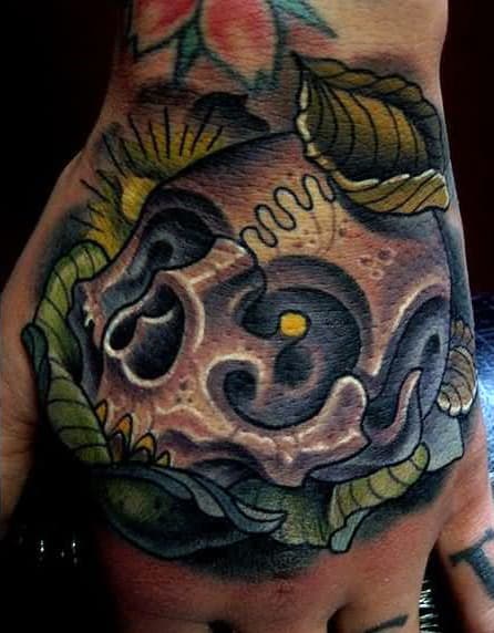 Neo Traditional Skull Male Hand Tattoo