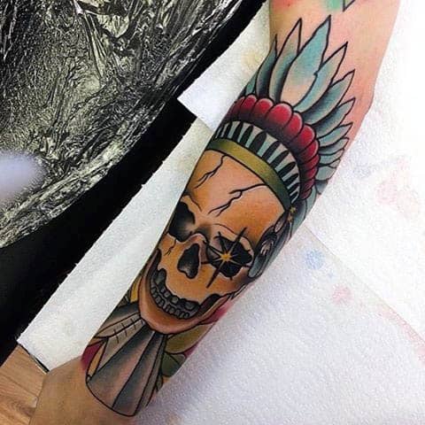 Neo Traditional Skull With Decorative Headpiece Tattoo Guys Forearm