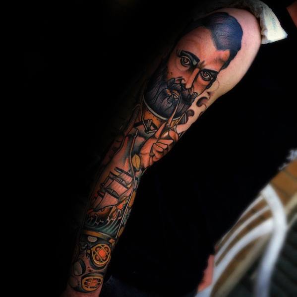 Neo Traditional Sleeve Guys Diving Helmet Tattoo Design Idea Inspiration