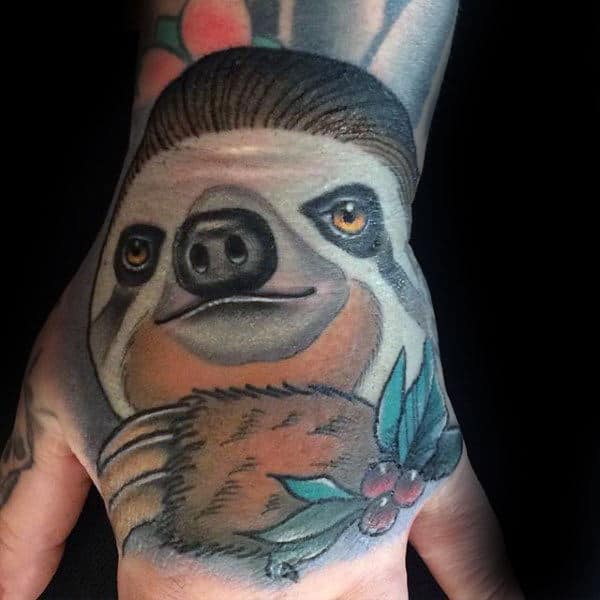 Neo Traditional Sloth Mens Hand Tattoos