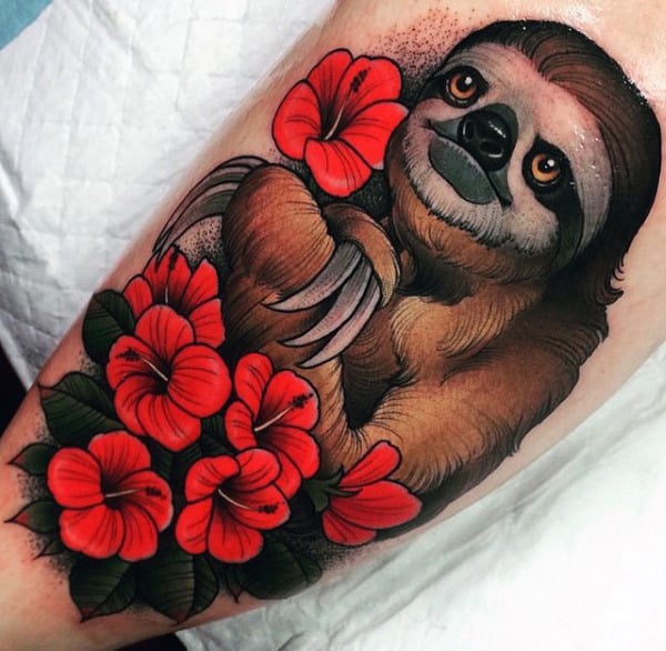 Neo Traditional Sloth Mens Red Flower Arm Tattoo Designs