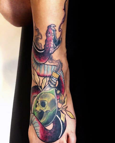Neo-traditional tattoo of a red and black snake coiled around a poison bottle with a skull inside, featuring bold shading and intricate details.